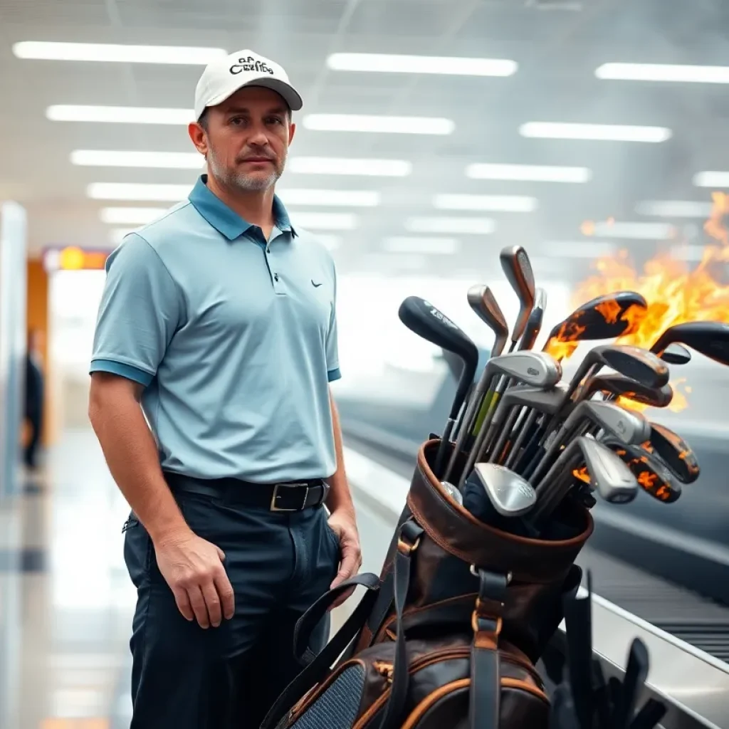 John Andre examines his burned and damaged golf clubs at baggage claim.