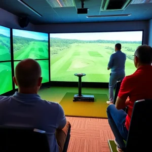 Friends playing virtual golf in a high-tech simulator indoors