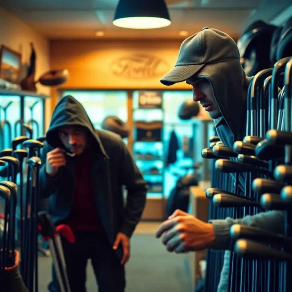 A man stealing golf clubs from a store, with the shop owner looking concerned.