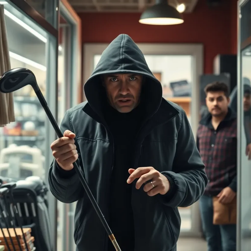 Dramatic scene of a golf club theft in a retail store