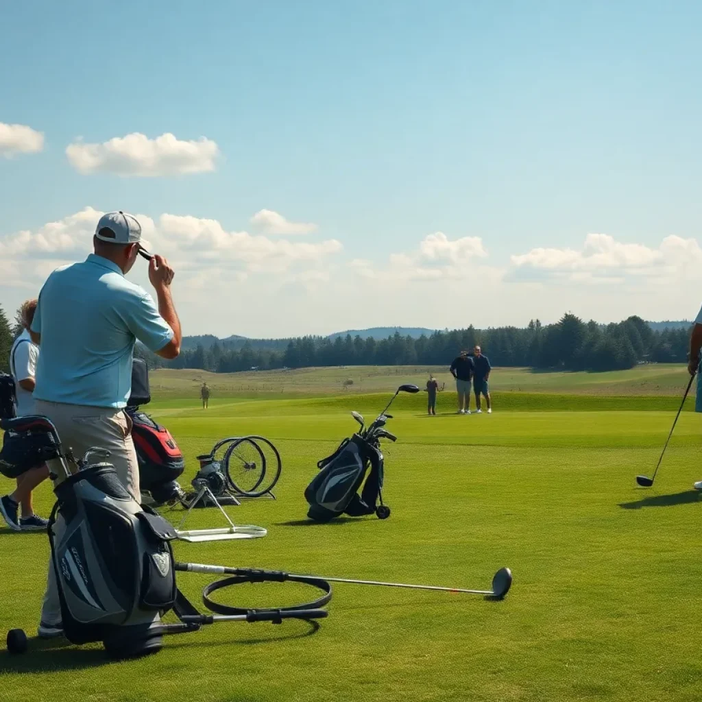 A golf course with advanced equipment and enthusiastic golfers.