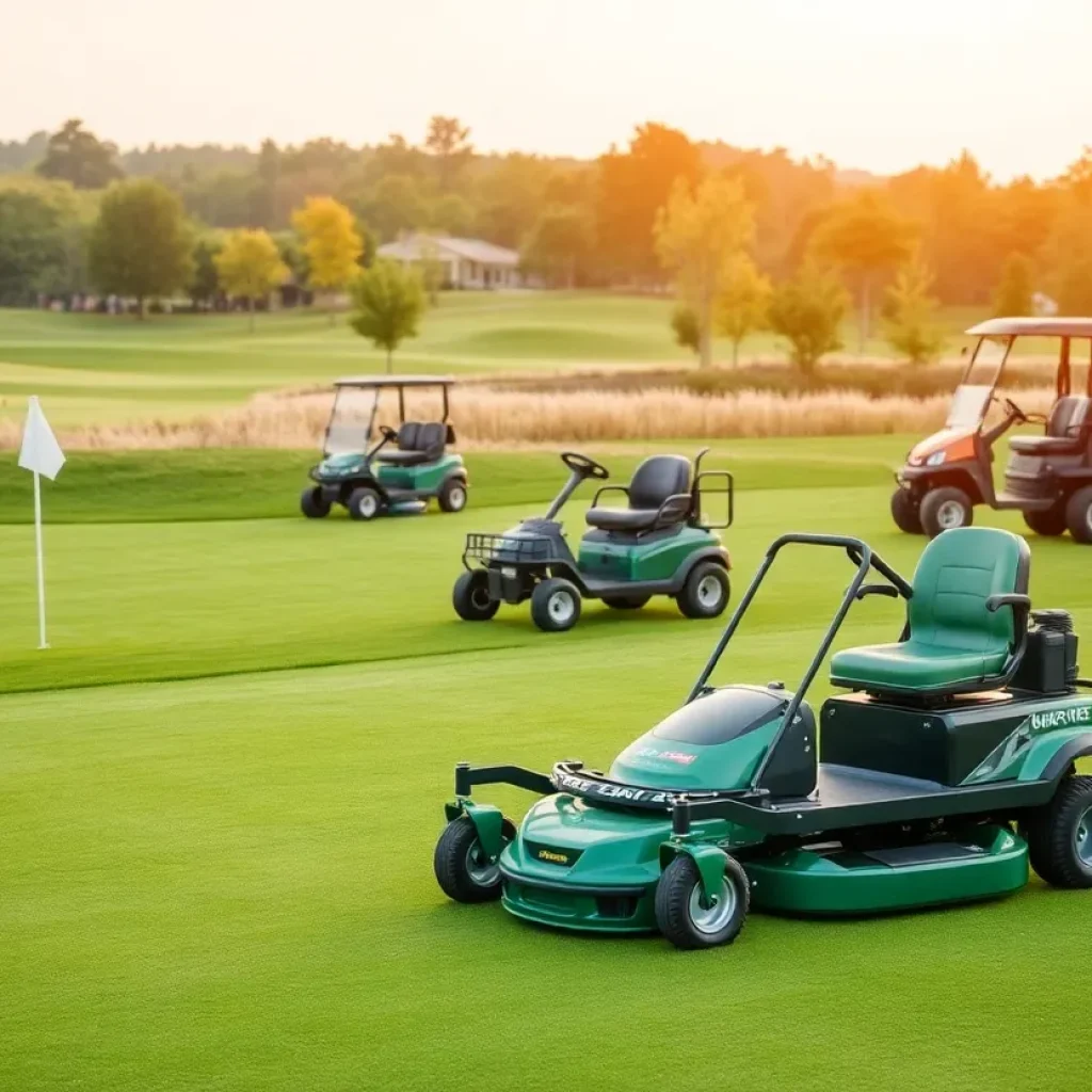 Golfers on a lush green golf course with modern equipment.