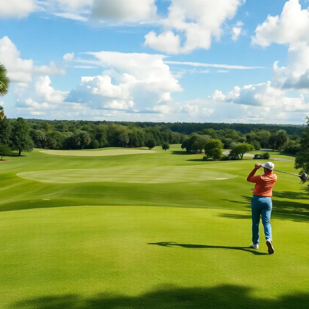 A golfer swinging on a beautiful golf course in Orlando, surrounded by lush landscapes.