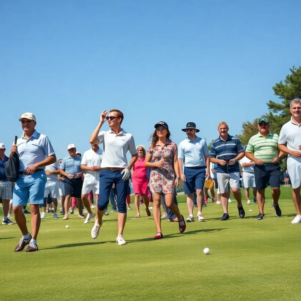 Golfers enjoying a sunny day at the golf course in stylish apparel.