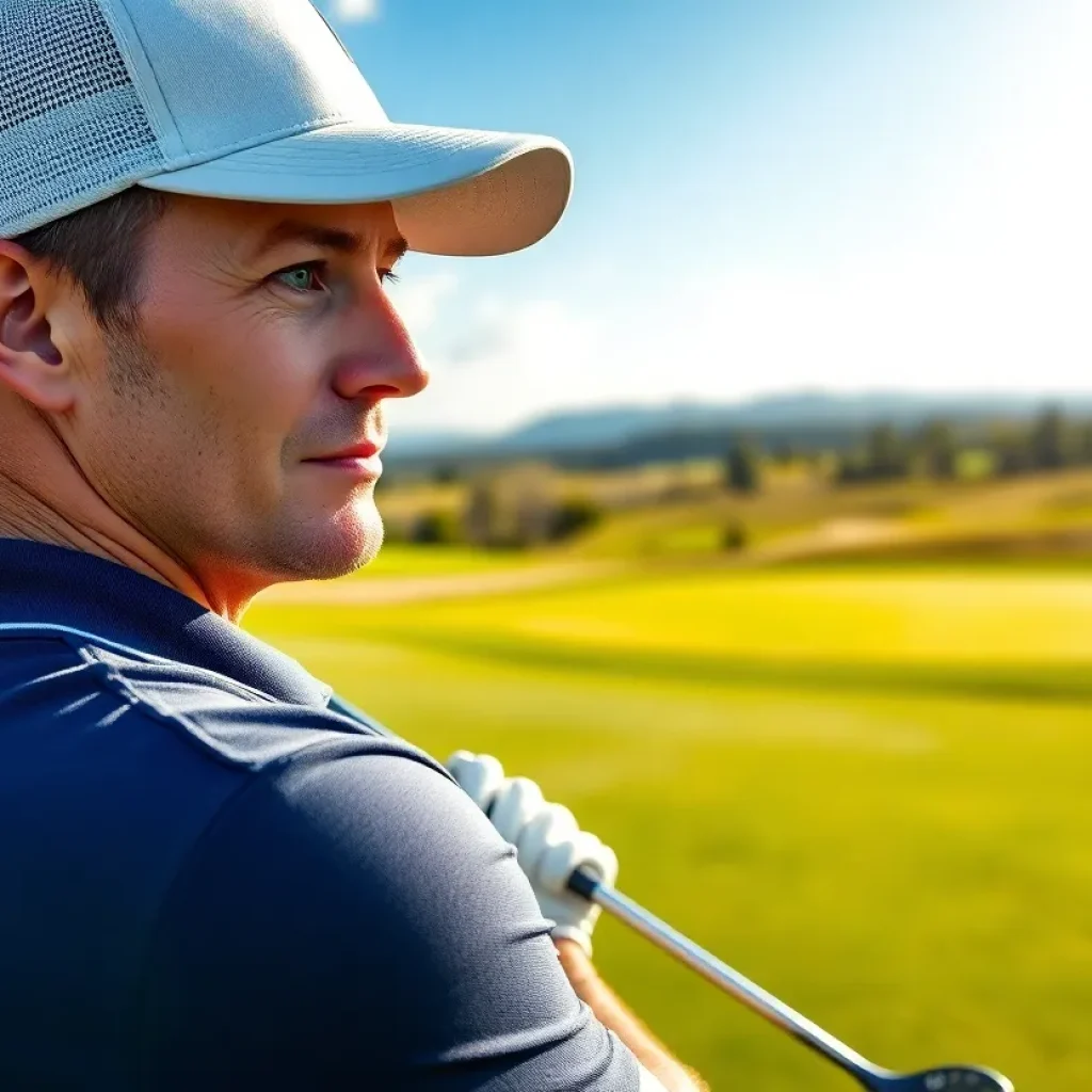 A golfer stretching outdoors to recover from jet lag
