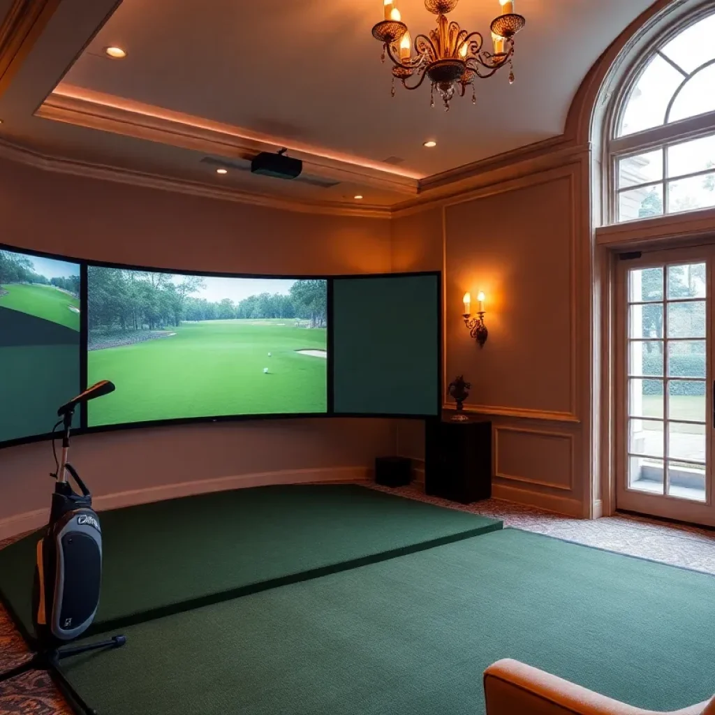 High-end golf simulator set up in a luxurious room