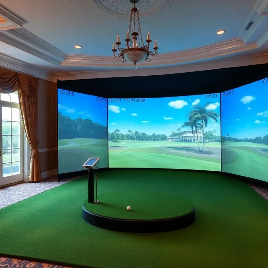 Golf simulator setup in the Governor’s Mansion with golf clubs and virtual golf courses on display.