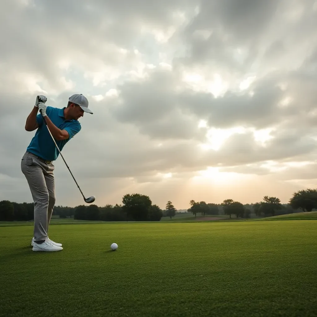 Golfer practicing on a beautiful sunset golf course