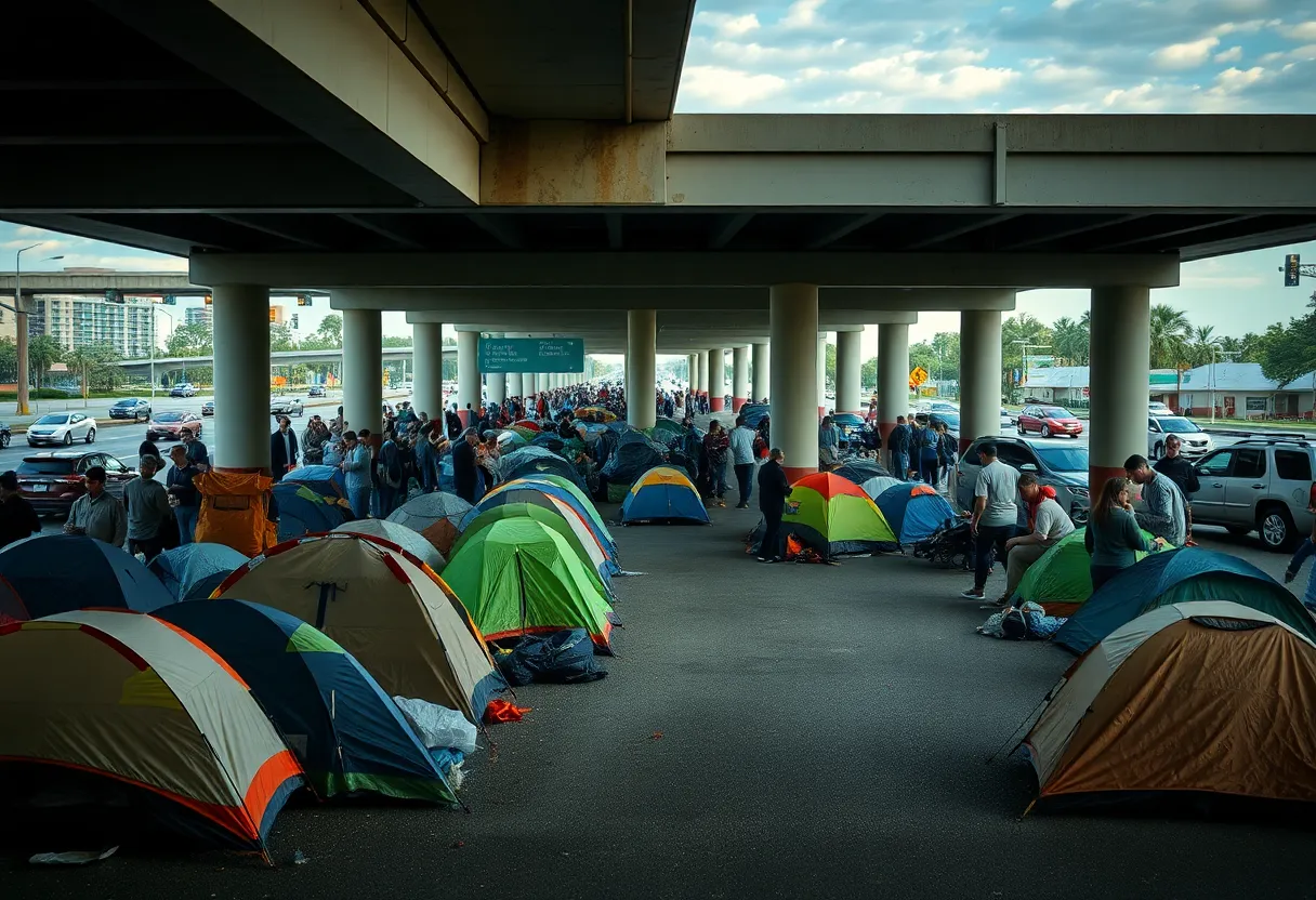 Homeless encampments under a highway overpass in Central Florida