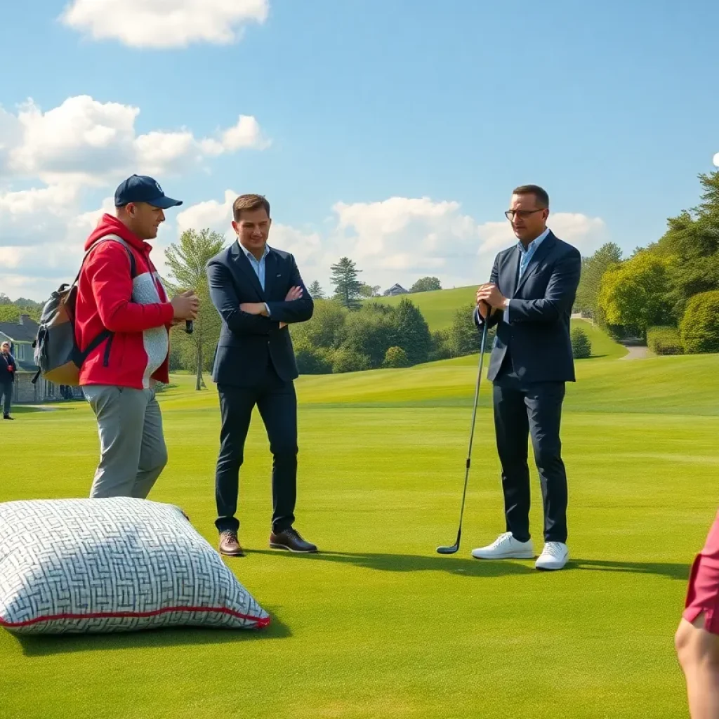 A golfer interacting with quirky props on a golf course.