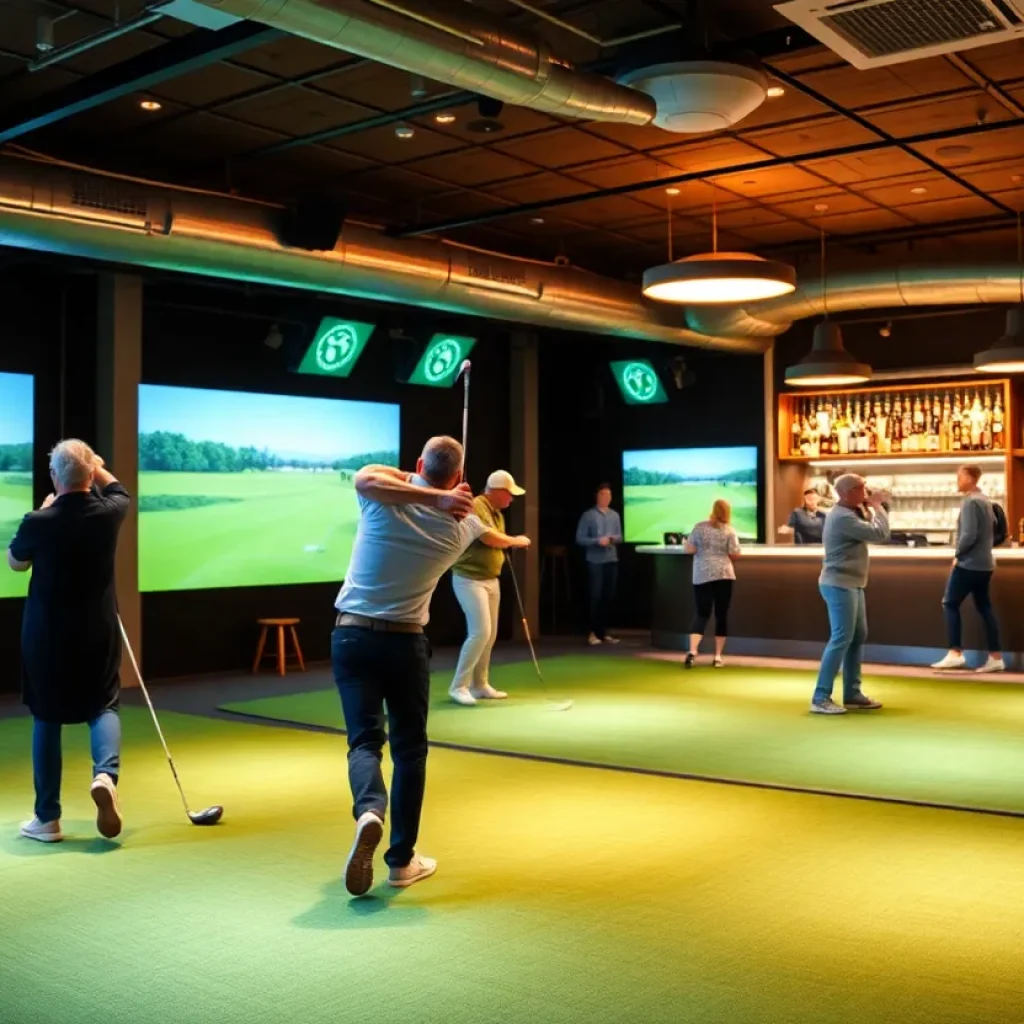 People playing indoor golf at The Cave in Southwest Florida.