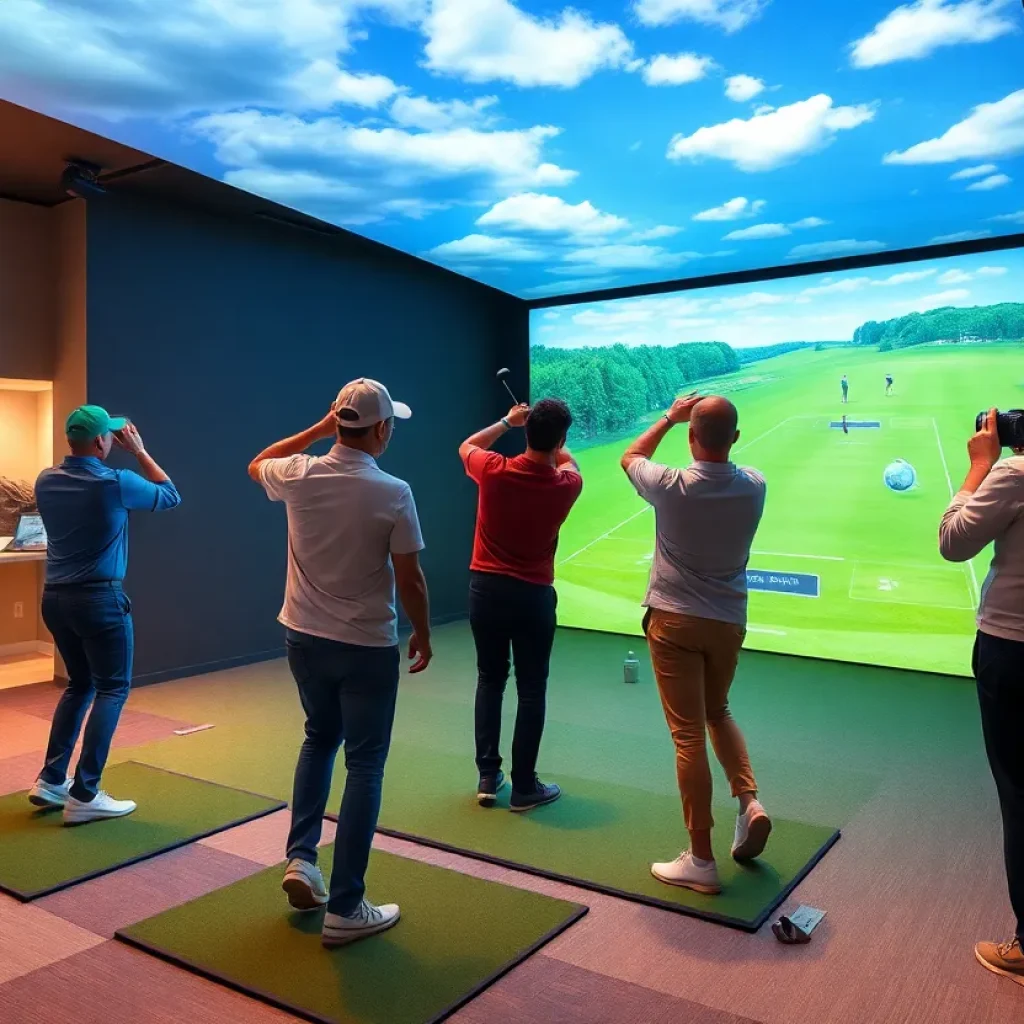 Friends enjoying an indoor golf simulator at The Cave in Estero.