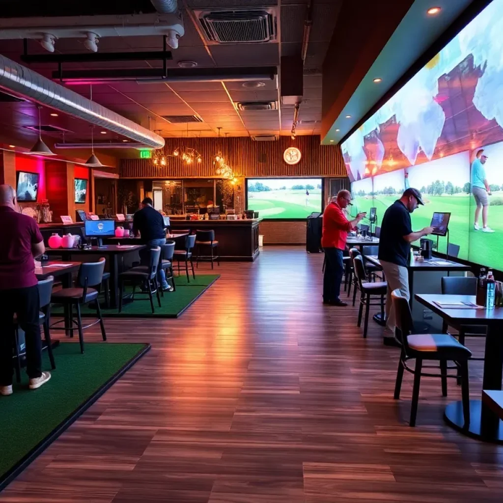Group of friends enjoying an indoor golf simulator with food and drinks