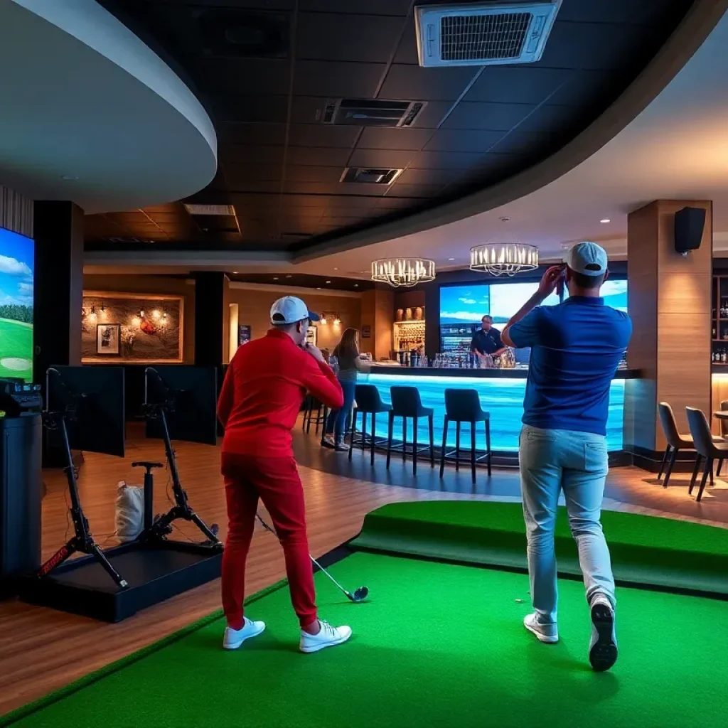 Golfers enjoying an indoor golf simulator experience at The Cave in Southwest Florida.