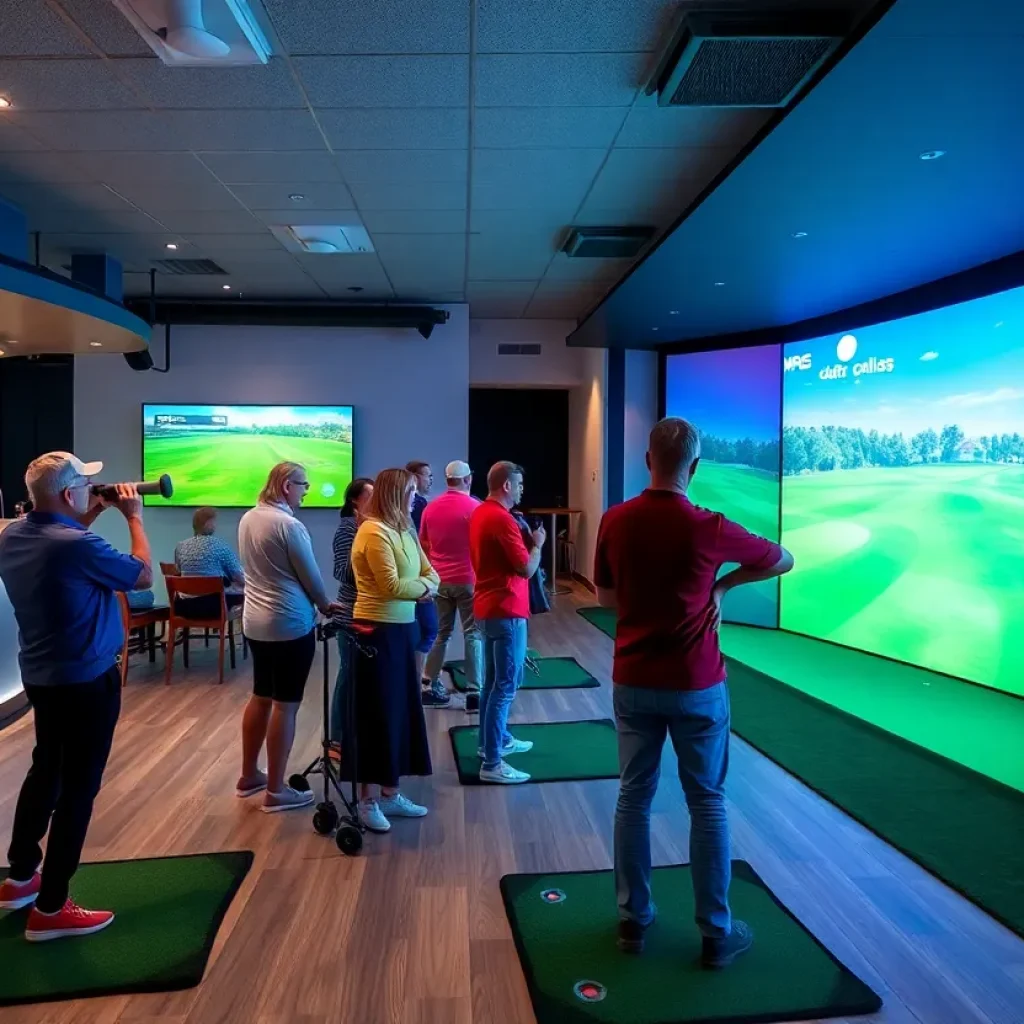 Golfers enjoying indoor simulators at The Cave in SW Florida