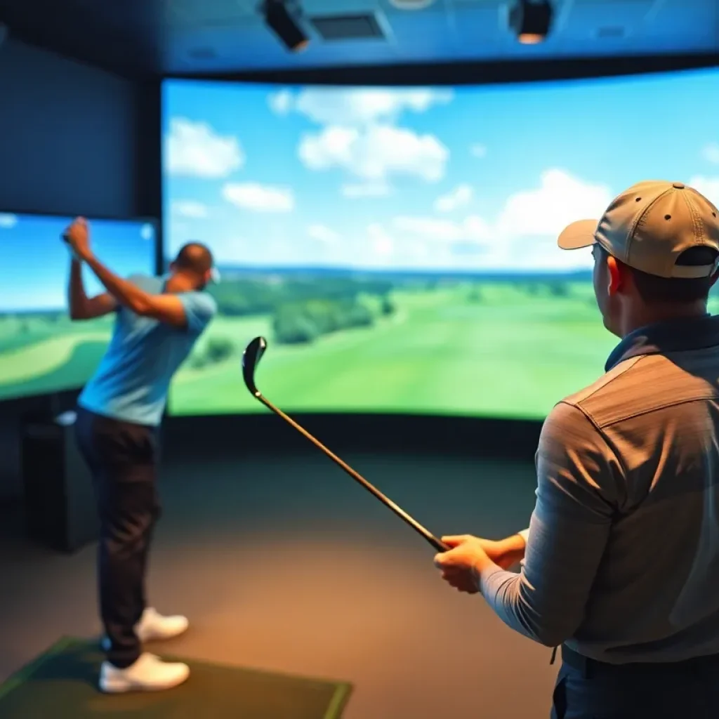 Group of friends playing virtual golf indoors at a simulator