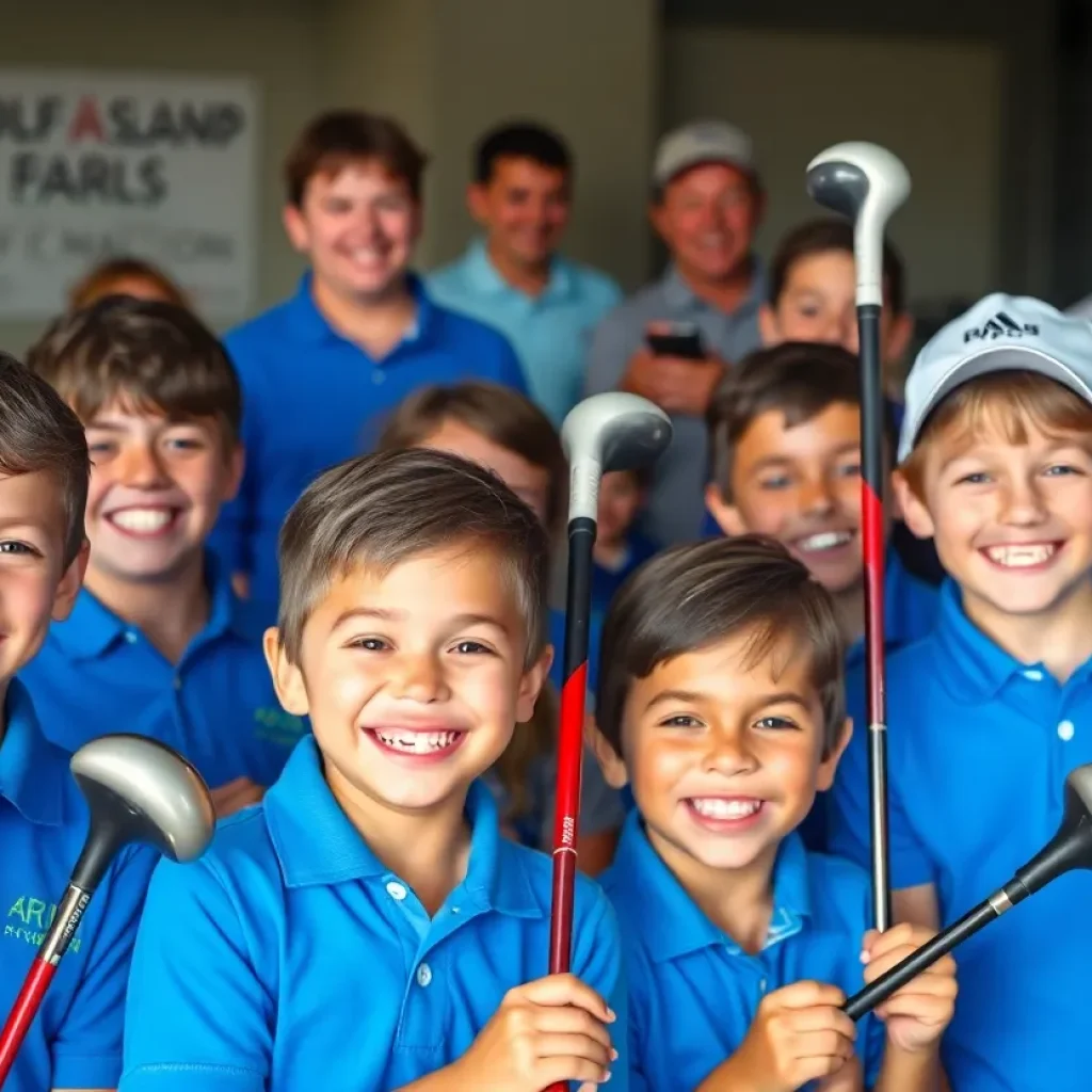 Children smiling with new golf clubs