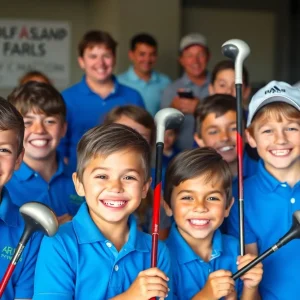 Children smiling with new golf clubs