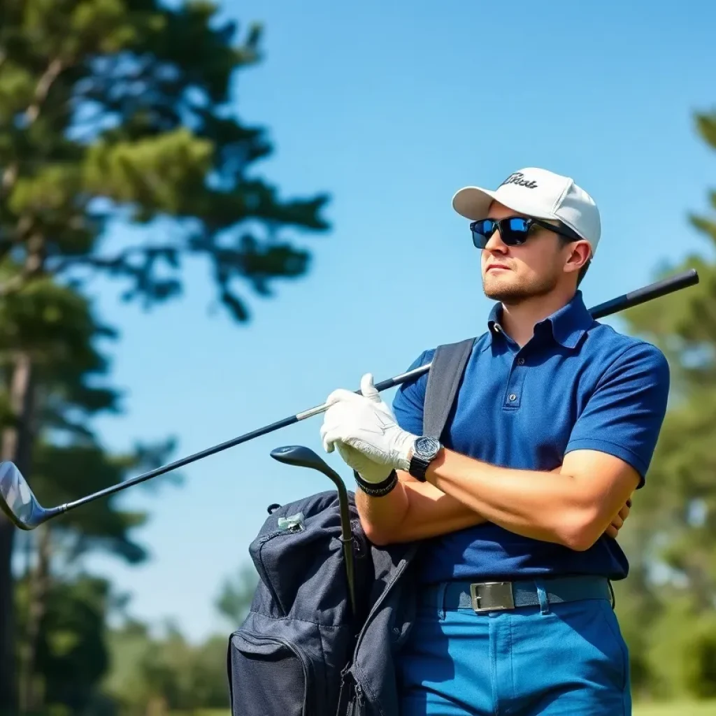 A display of the latest golf equipment including apparel, drivers, and boots for 2024.