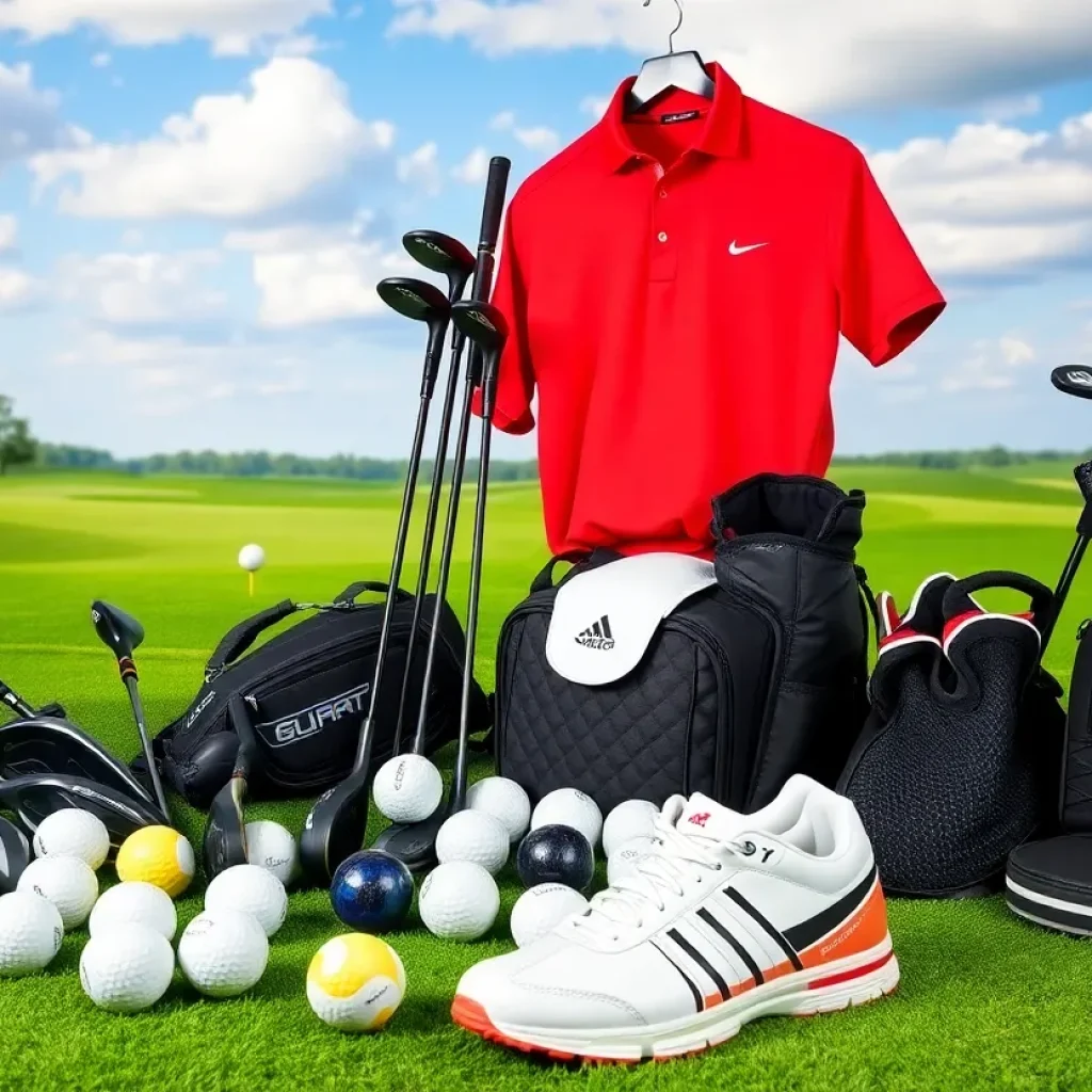 Collage of new golf equipment including stylish apparel and clubs