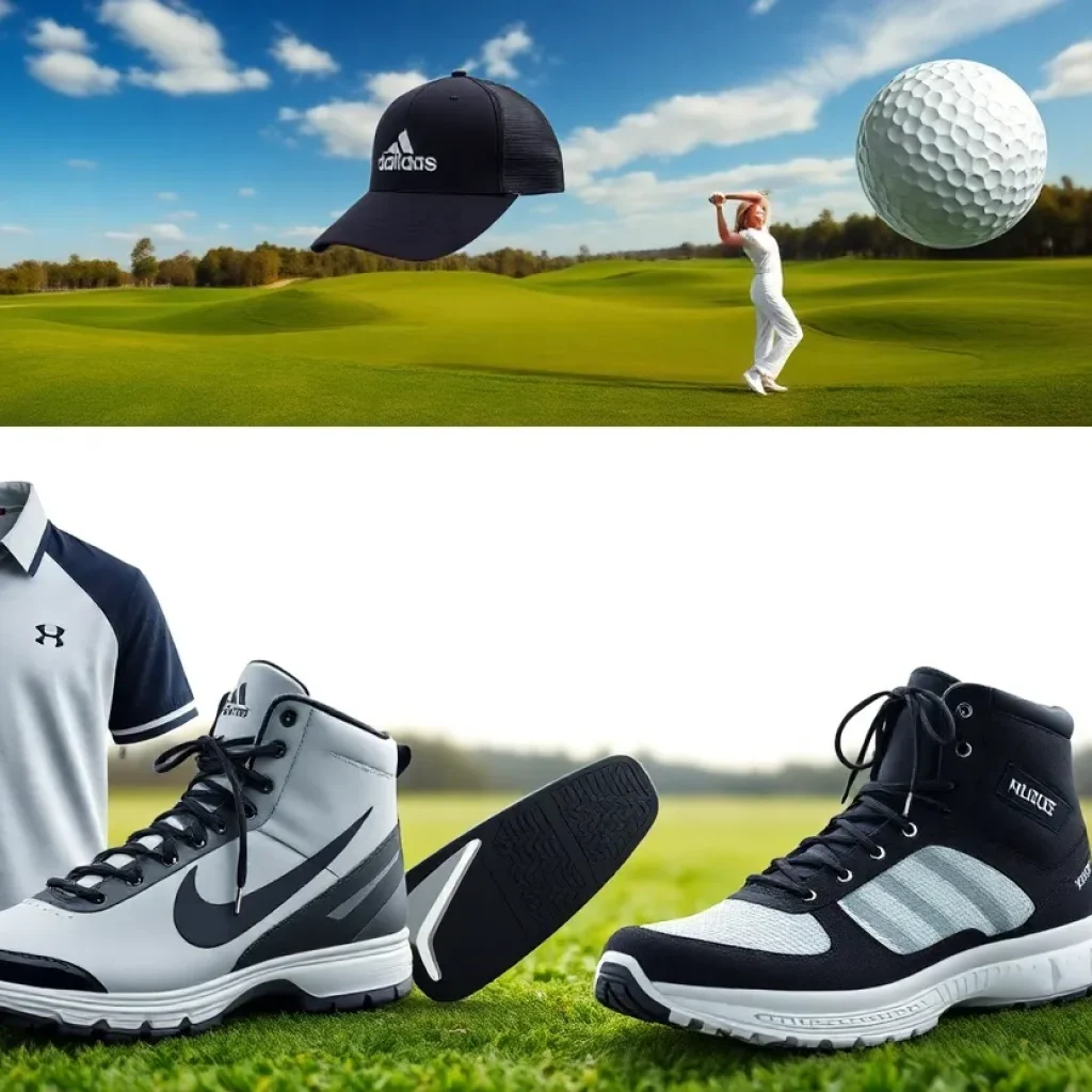 A collection of the latest golf gear including clubs and apparel showcased on a golf course.