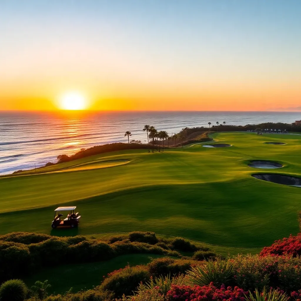 A panoramic view of the Mauna Kea Golf Course featuring lush greens and ocean cliffs.