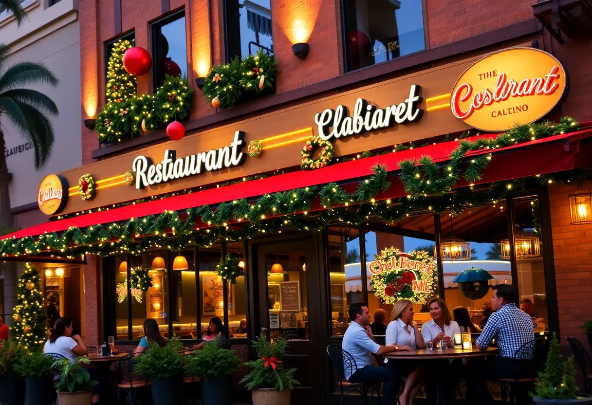 Festive exterior of Mid Drive Dive restaurant decorated for the holidays in Orlando