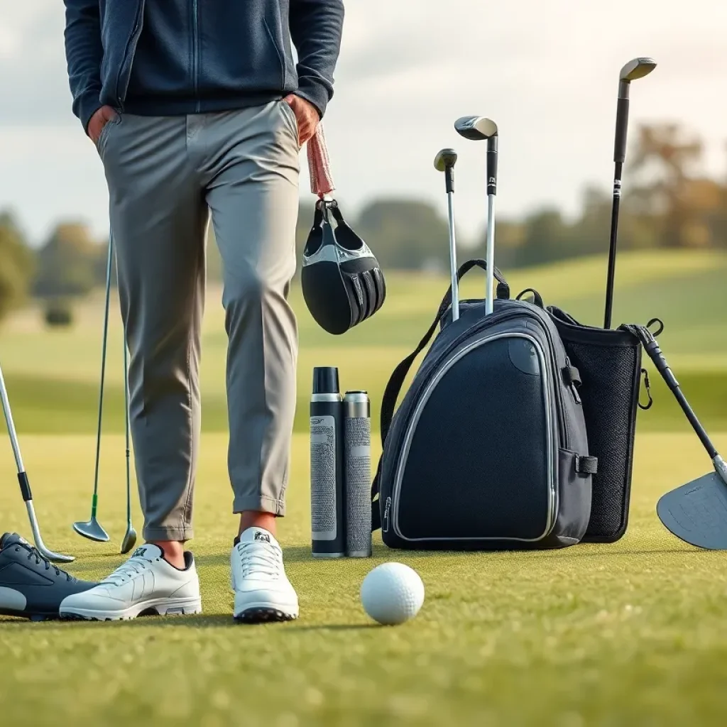A golfer demonstrating new golf equipment and apparel on a golf course.
