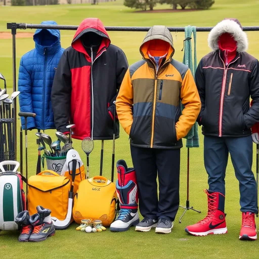 Stylish new golf gear including clubs, jackets, and boots on display