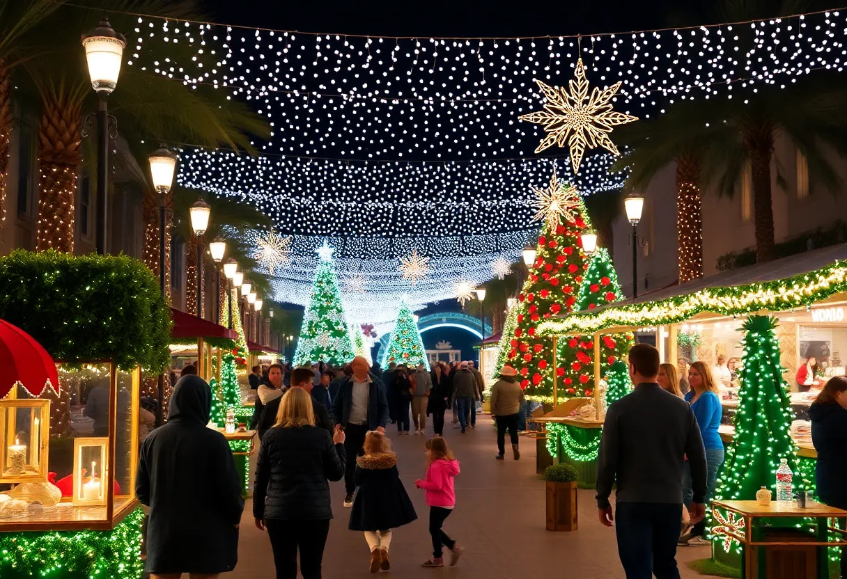 Festive scene of Orlando during the holiday season with lights and decorations