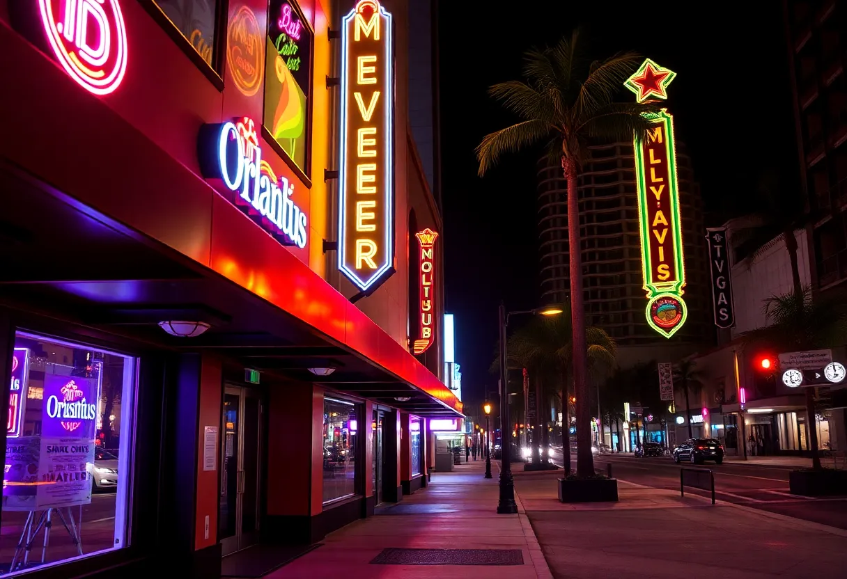 Closed nightclubs in downtown Orlando with neon lights off