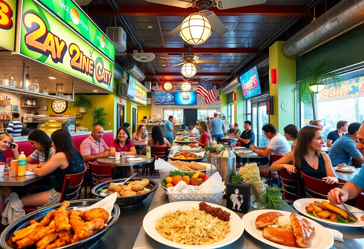 A vibrant dining atmosphere in Orlando with various restaurant styles.