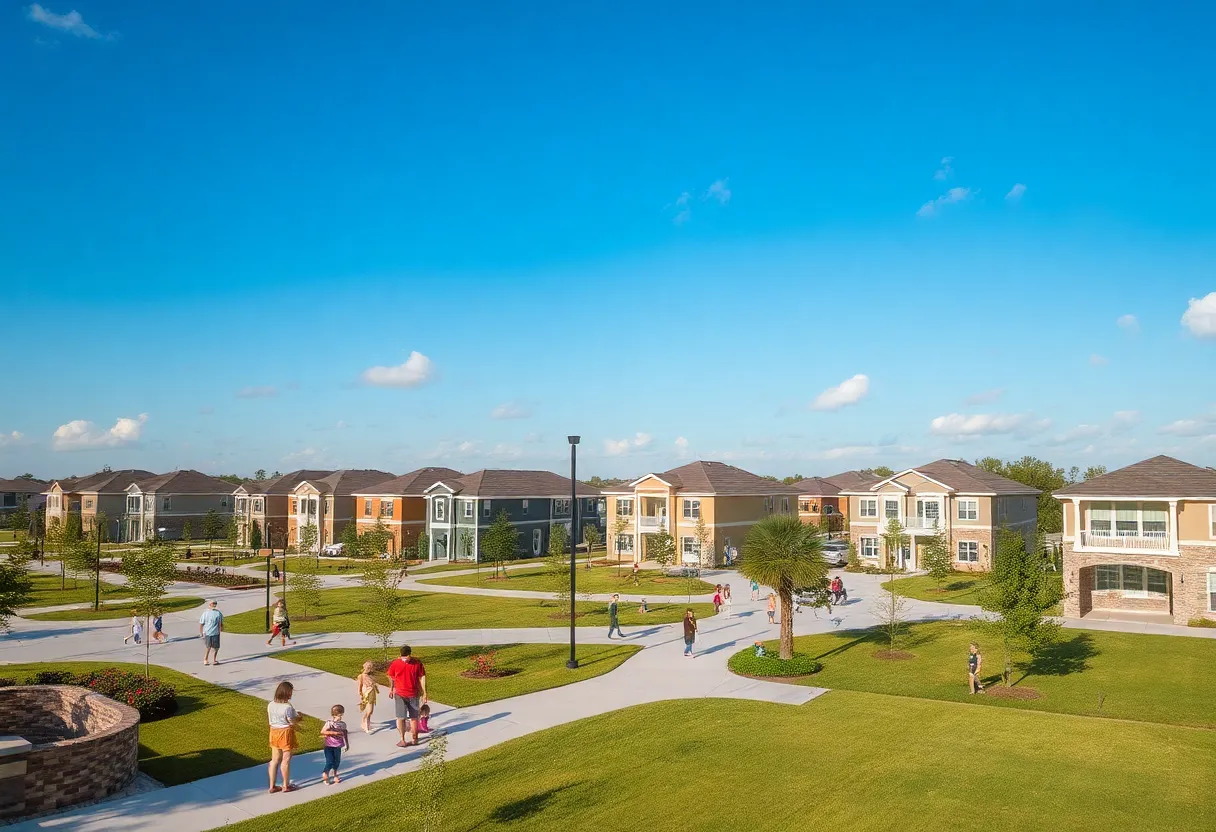 A vibrant suburban neighborhood in Orlando showcasing family activities and new homes.