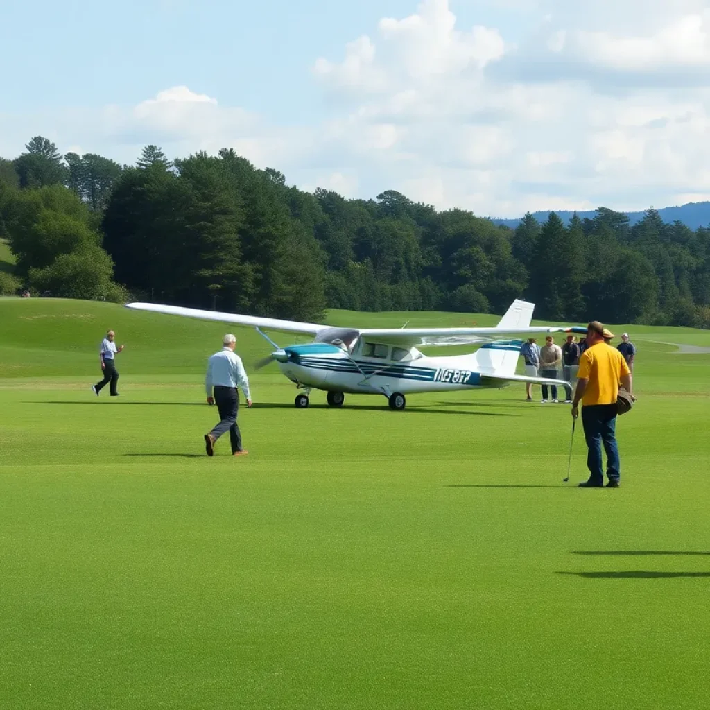 Small plane crash-landed on golf course fairway with golfers in background