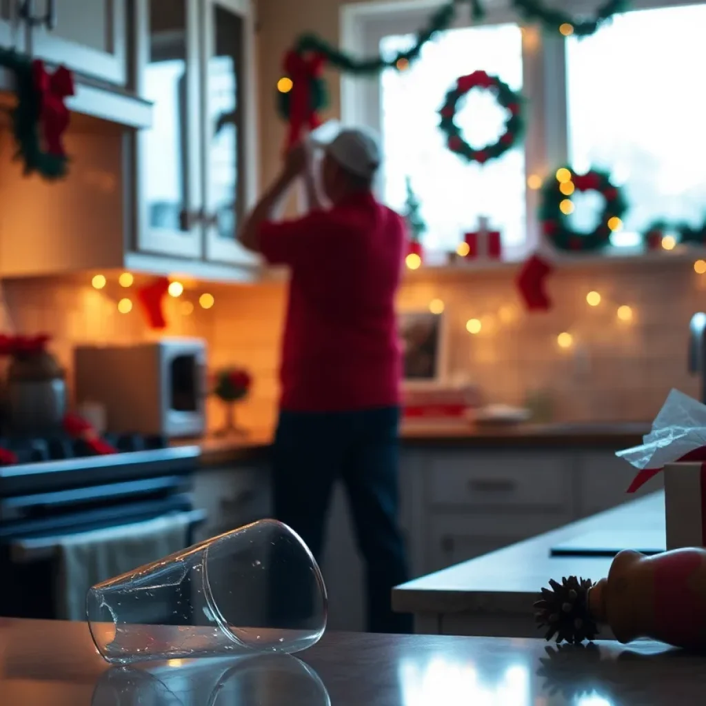 Scene depicting a holiday kitchen accident with broken glass.