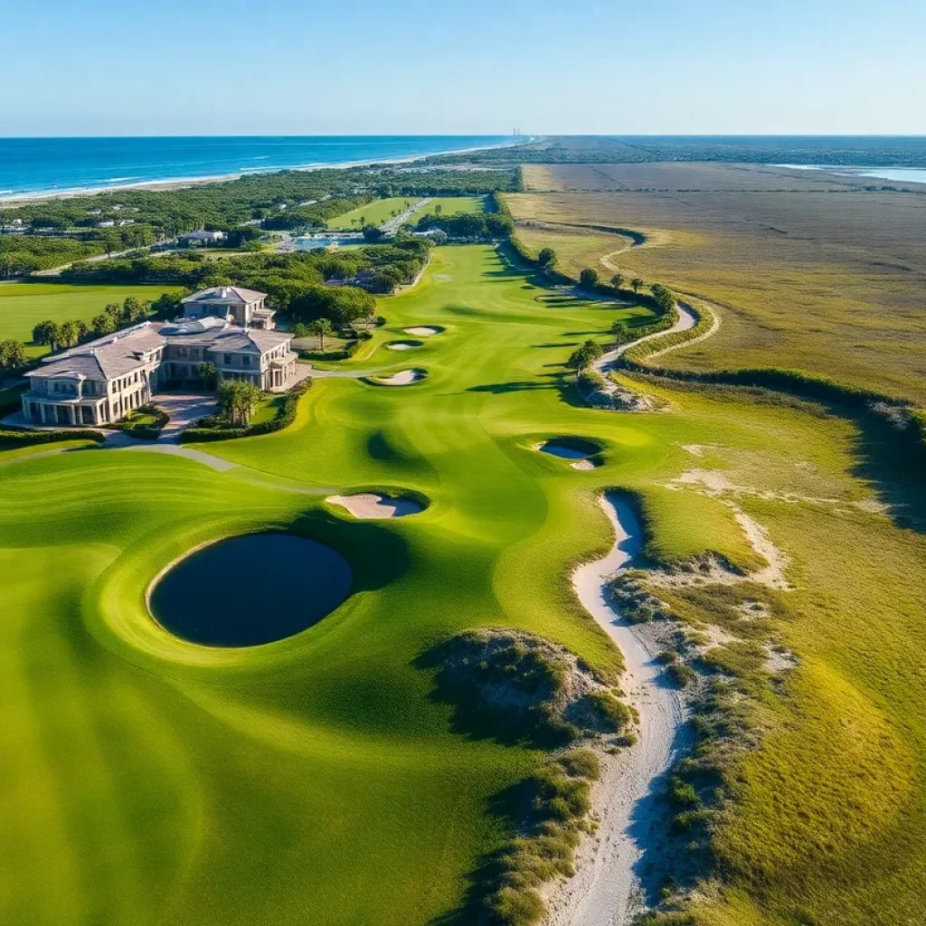 Aerial view of lush fairways and palm trees at Seminole Golf Club in Juno Beach, Florida.