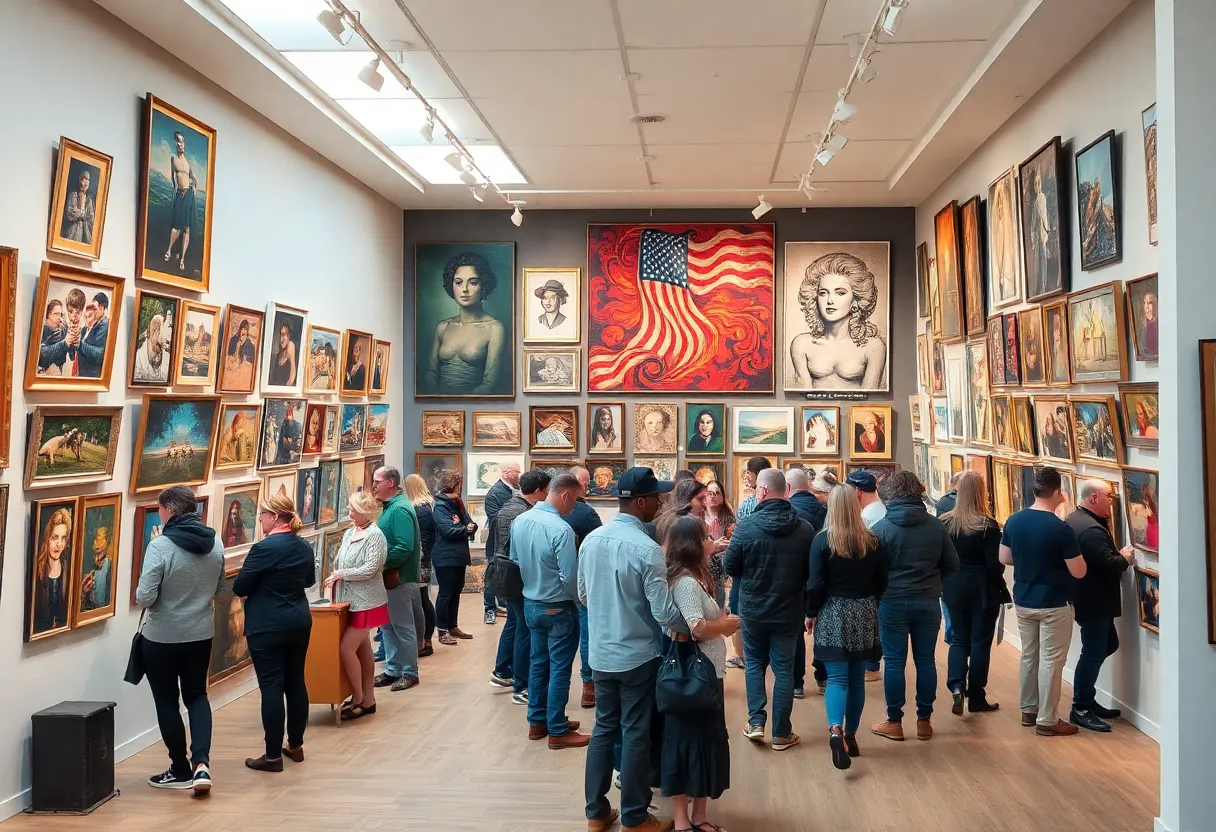Interior of Snap! Gallery showcasing diverse artworks and community event atmosphere