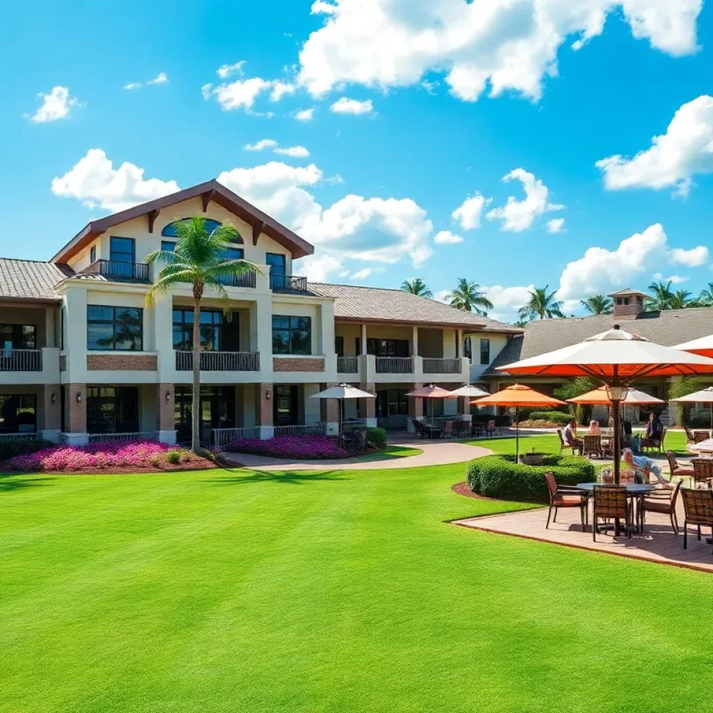 A luxurious view of a country club in South Florida showcasing modern architecture and golf activities.