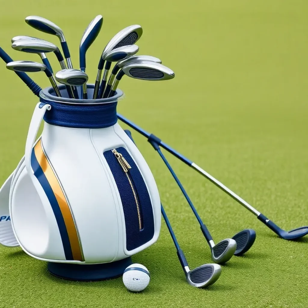 TaylorMade Kalea Gold women's golf clubs on a golf course
