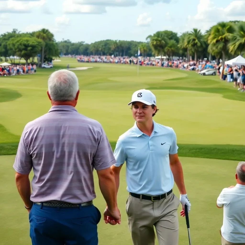 Father-son duo playing golf at a championship