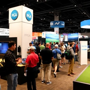 Golfers interacting with Uneekor technology at the PGA Show
