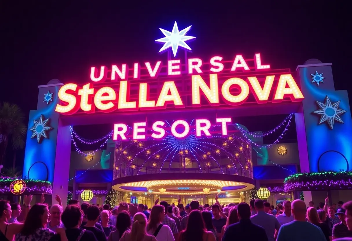The illuminated Universal Stella Nova Resort sign at night