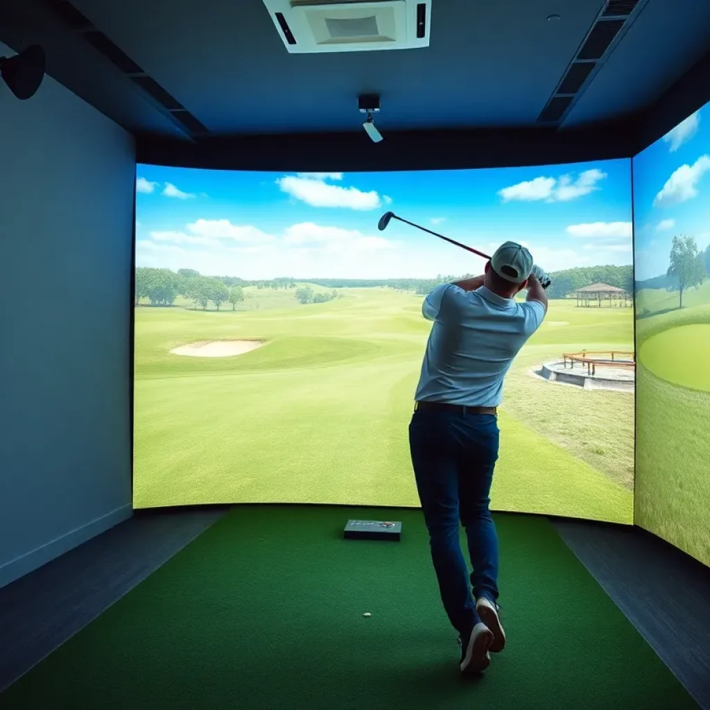 A golfer using a virtual golf simulator with a large screen displaying a golf course.