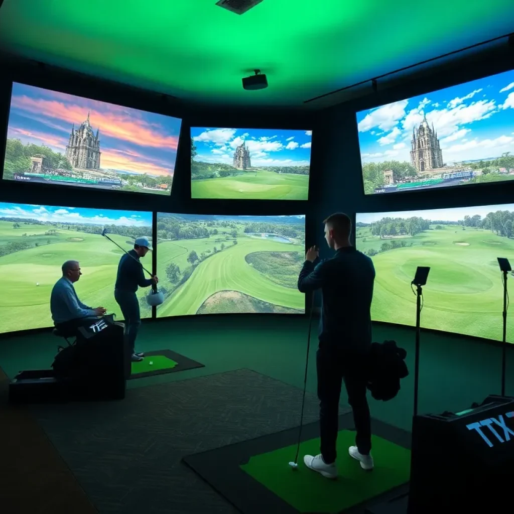 Golfer using a virtual golf simulator with a scenic course displayed on the screen.