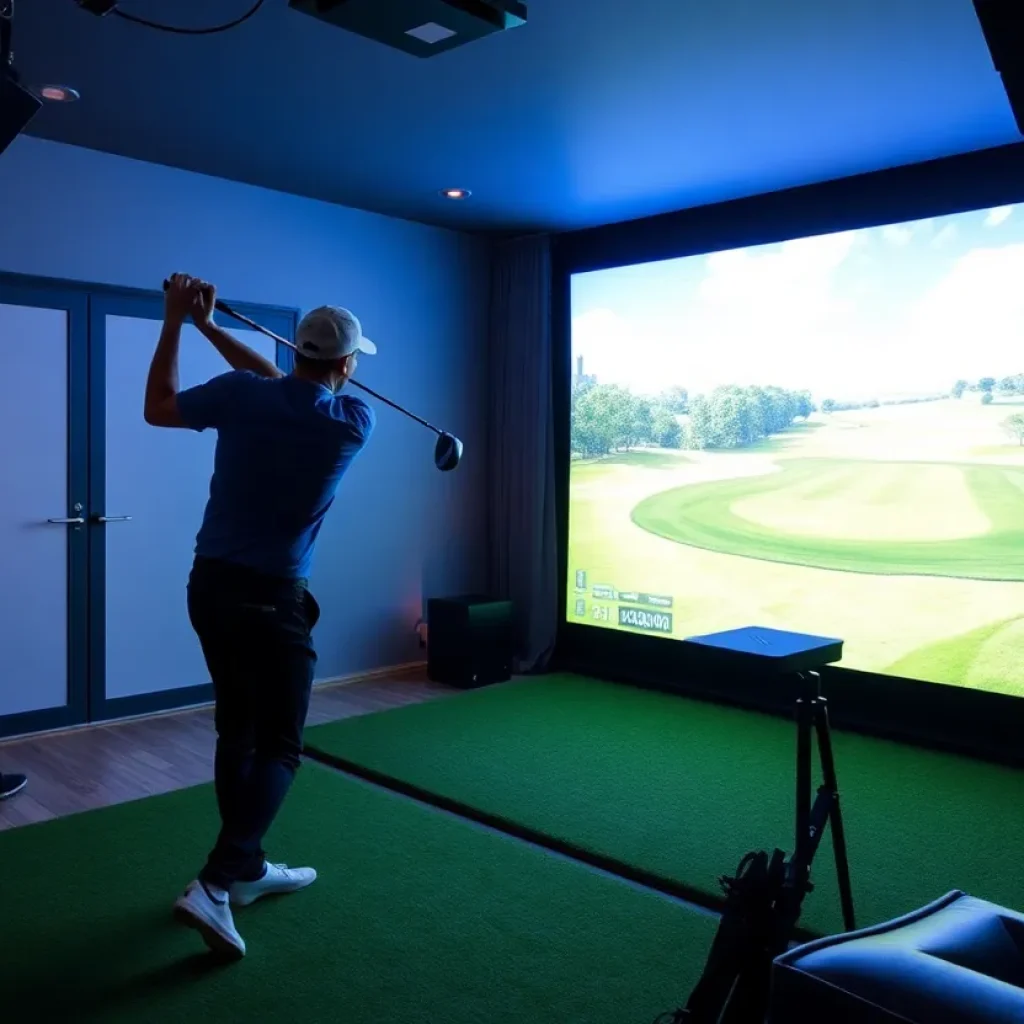 A golfer using a virtual golf simulator indoors