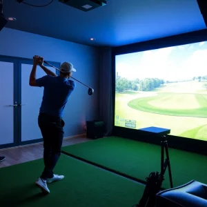 A golfer using a virtual golf simulator indoors