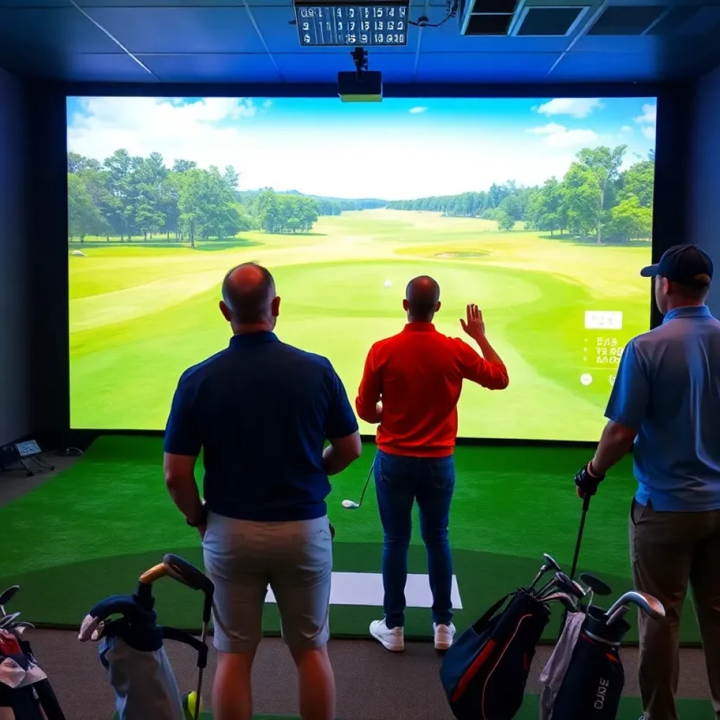 Friends playing virtual golf in a simulator with famous courses displayed on screens.