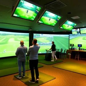 Indoors of X-Golf simulator showing enthusiastic golfers
