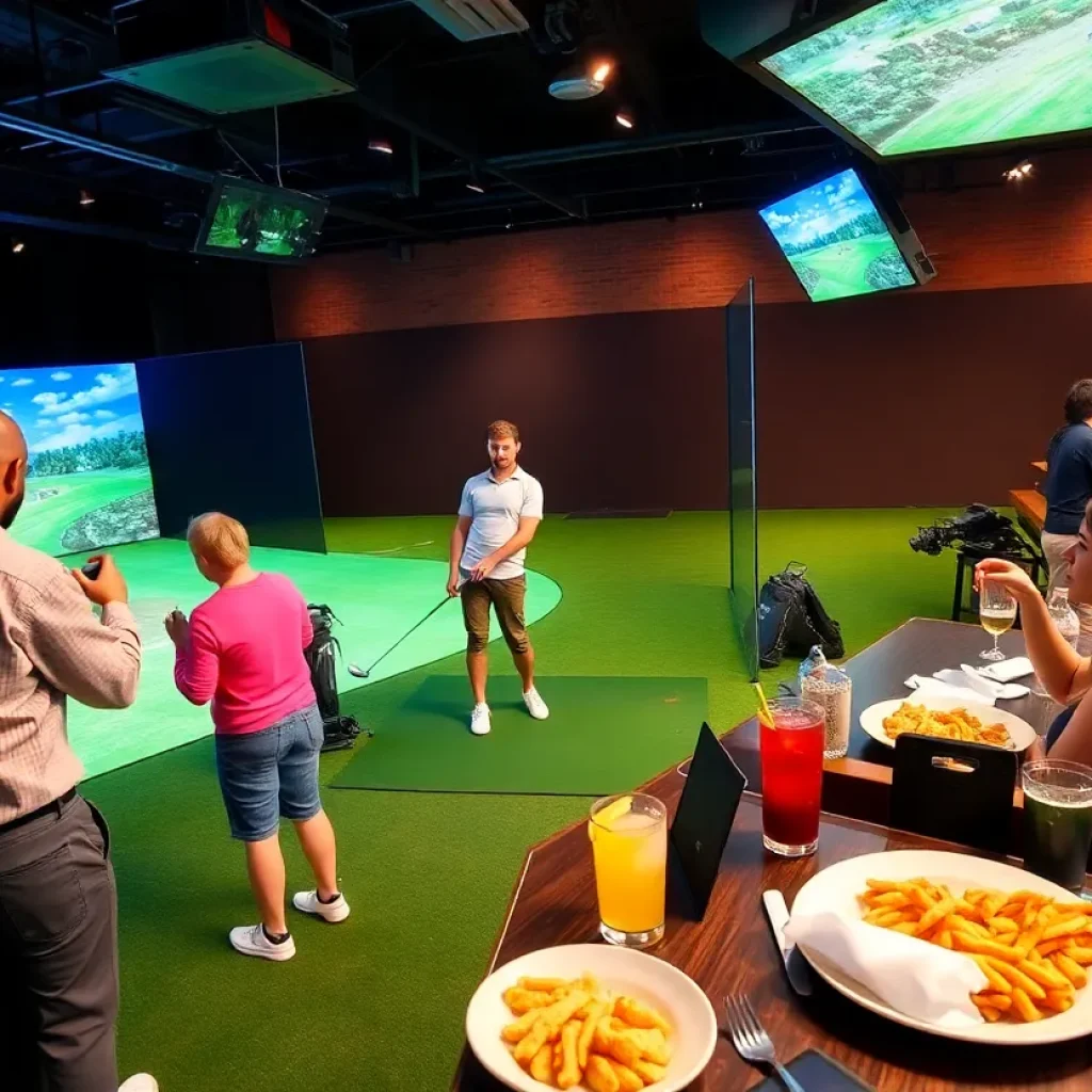 Interior view of X-Golf with players using the simulator and enjoying food and drinks