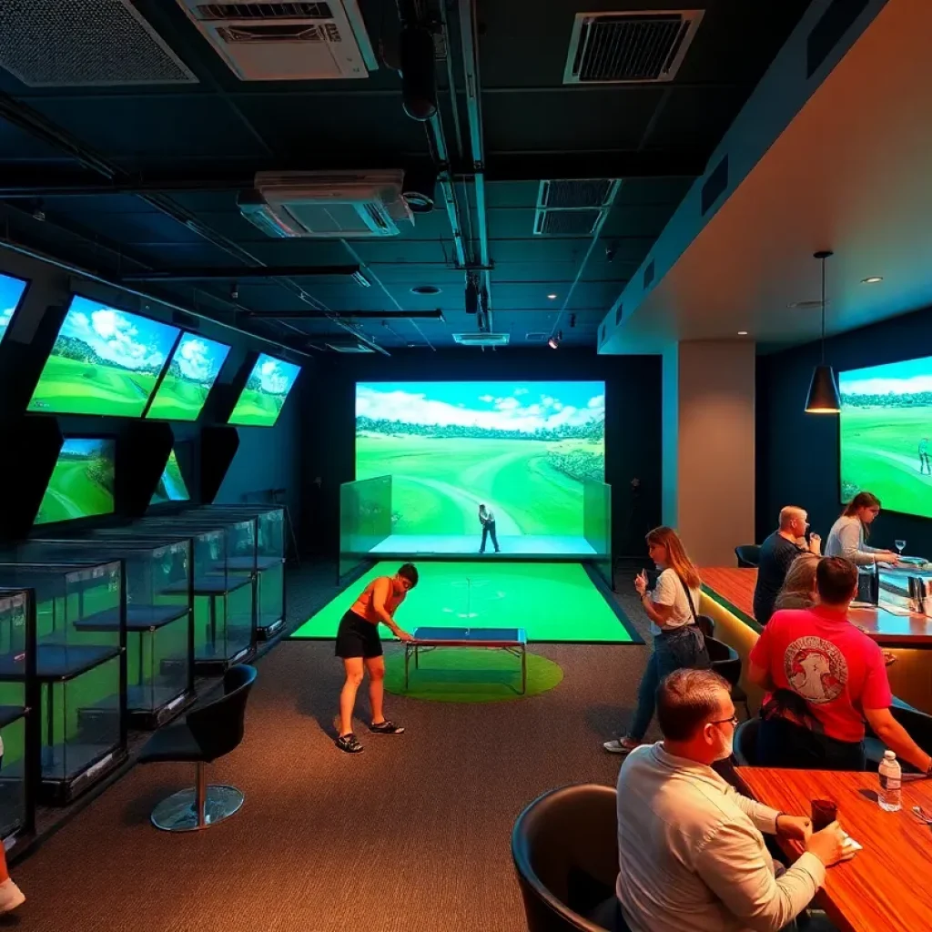 People playing golf in an indoor simulator at X-Golf West Palm Beach